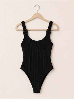 Aerie Real Good Black Ribbed One-Piece Swimsuit | Size Large